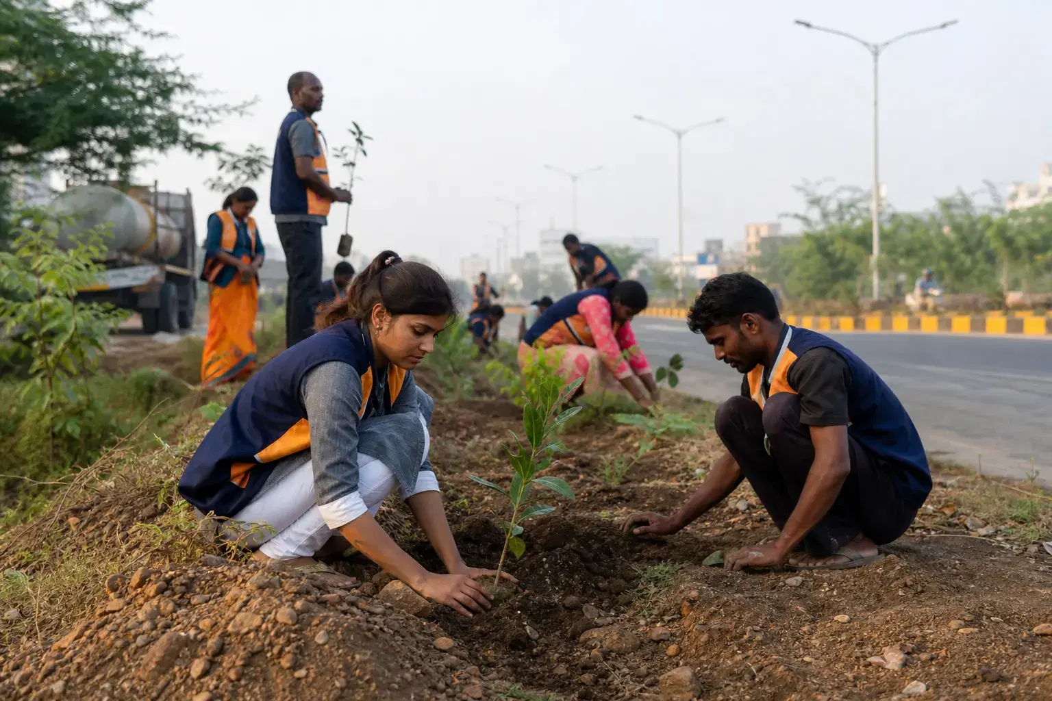 VSPF green jobs — workers planting saplings for Vardaan Singh Pawar Foundation environmental employment programs in India