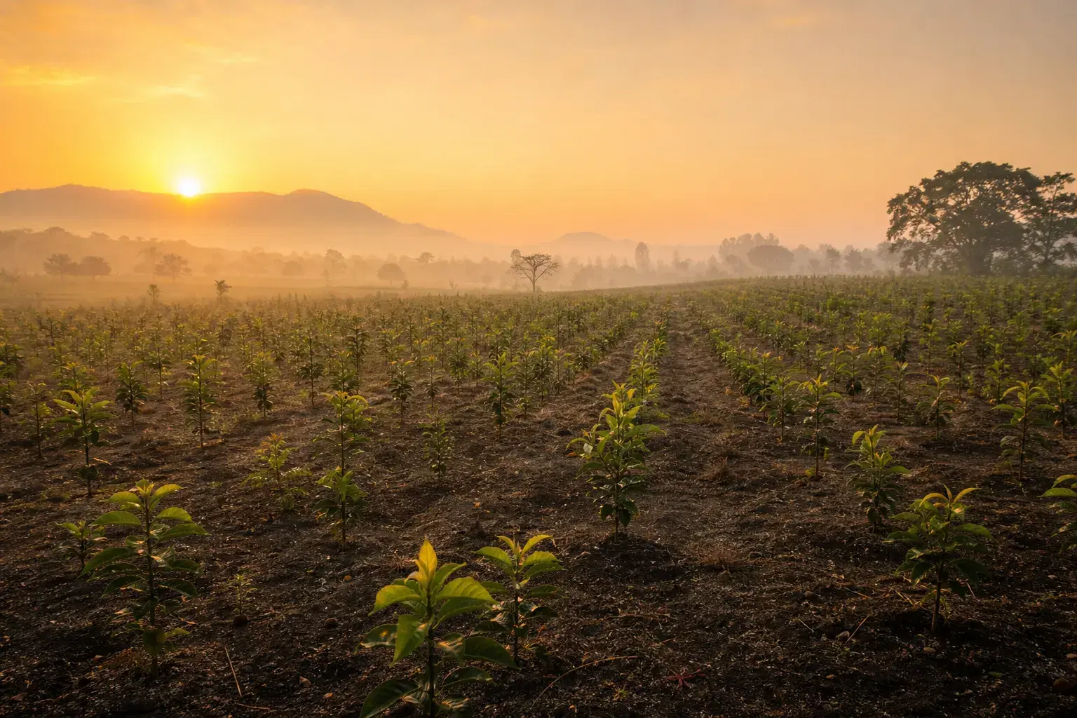 VSPF journey — rows of newly planted saplings at dawn representing the growth of Vardaan Singh Pawar Foundation